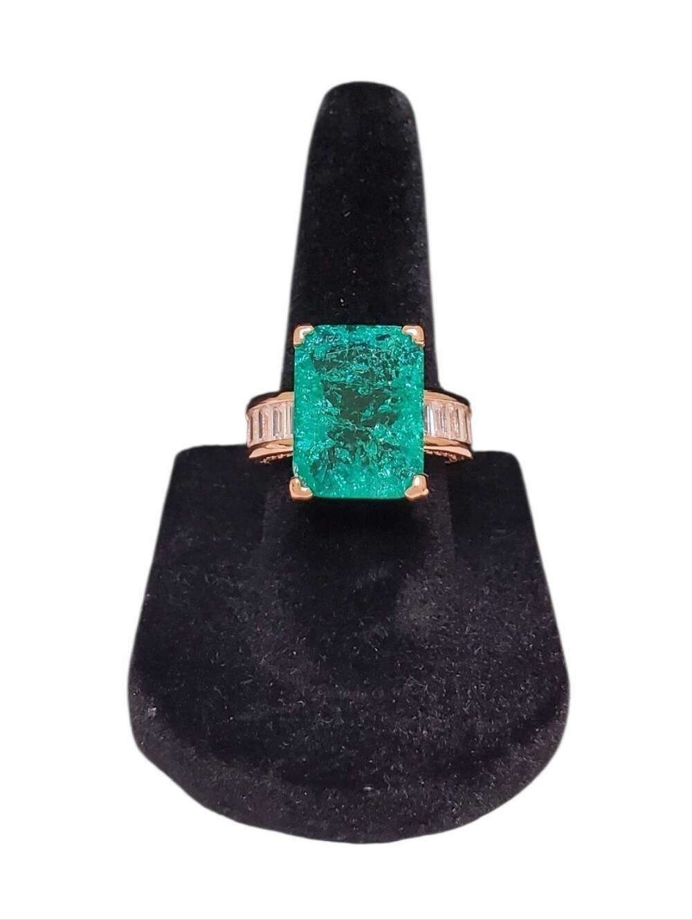 Estate Rose Gold-Tone Emerald-Cut Teal-Green Glass Cocktail Ring - Size 6